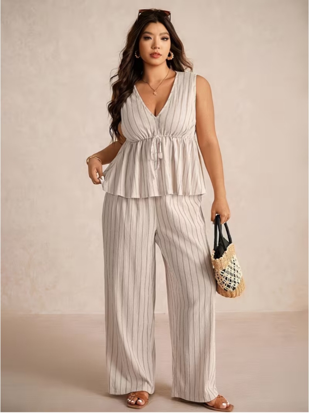 Osadia Plus Size 3X Beige Textured Two Piece Set Sleeveless Top Wide Leg Pants B